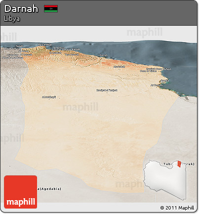 Satellite Panoramic Map of Darnah, semi-desaturated