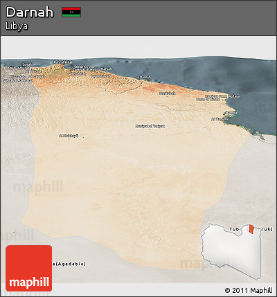 Satellite Panoramic Map of Darnah, semi-desaturated