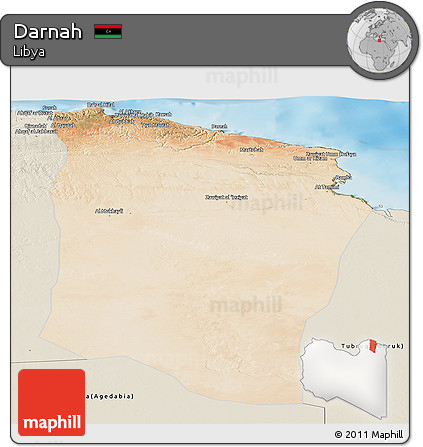 Satellite Panoramic Map of Darnah, shaded relief outside