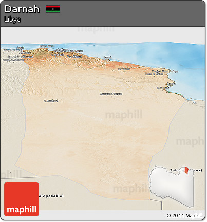 Satellite Panoramic Map of Darnah, shaded relief outside