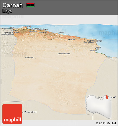 Satellite Panoramic Map of Darnah, shaded relief outside