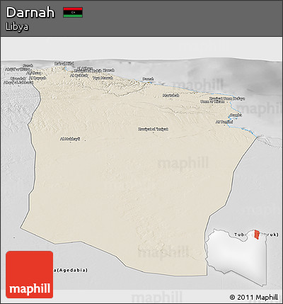 Shaded Relief Panoramic Map of Darnah, desaturated