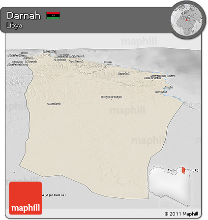 Shaded Relief Panoramic Map of Darnah, desaturated