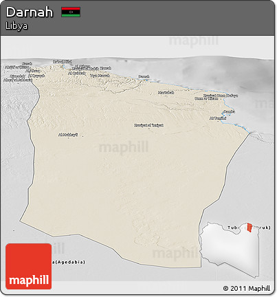 Shaded Relief Panoramic Map of Darnah, desaturated
