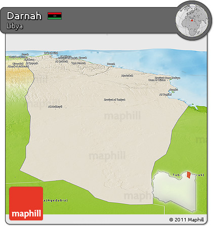 Shaded Relief Panoramic Map of Darnah, physical outside