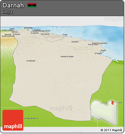 Shaded Relief Panoramic Map of Darnah, physical outside