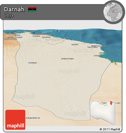 Shaded Relief Panoramic Map of Darnah, satellite outside
