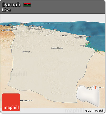 Shaded Relief Panoramic Map of Darnah, satellite outside