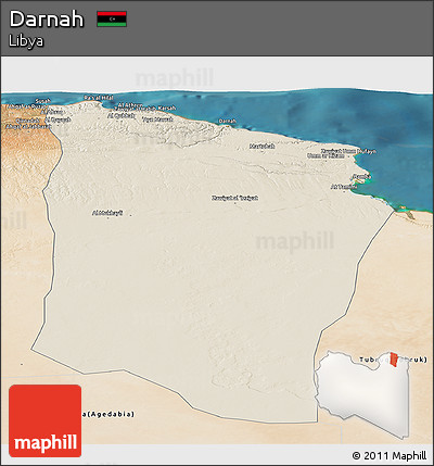 Shaded Relief Panoramic Map of Darnah, satellite outside