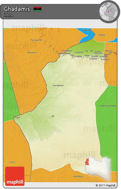 Physical 3D Map of Ghadamis, political outside