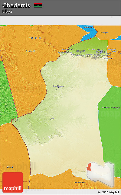 Physical 3D Map of Ghadamis, political outside