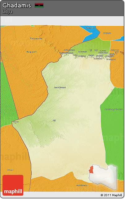Physical 3D Map of Ghadamis, political outside