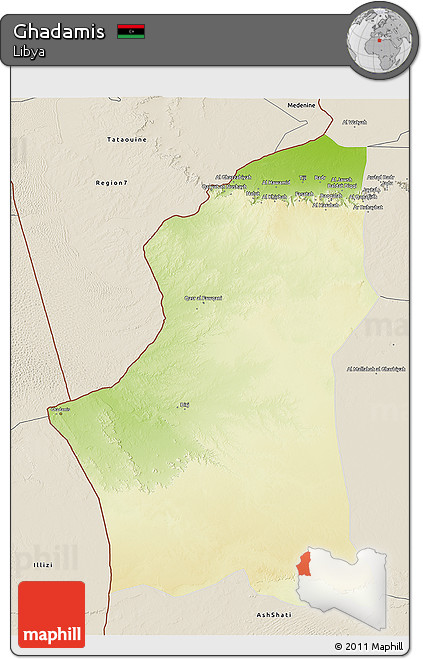 Physical 3D Map of Ghadamis, shaded relief outside