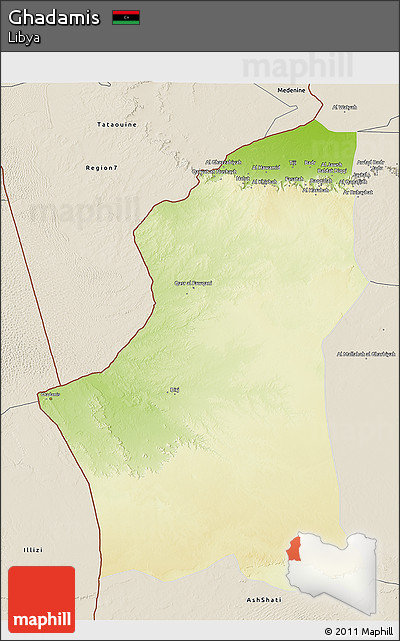 Physical 3D Map of Ghadamis, shaded relief outside