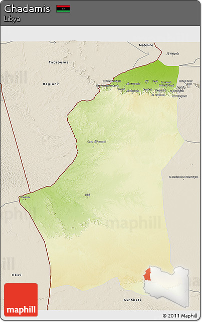 Physical 3D Map of Ghadamis, shaded relief outside