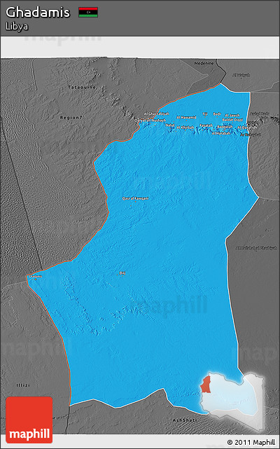 Political 3D Map of Ghadamis, darken, desaturated