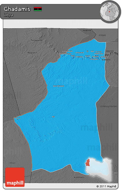 Political 3D Map of Ghadamis, darken, desaturated