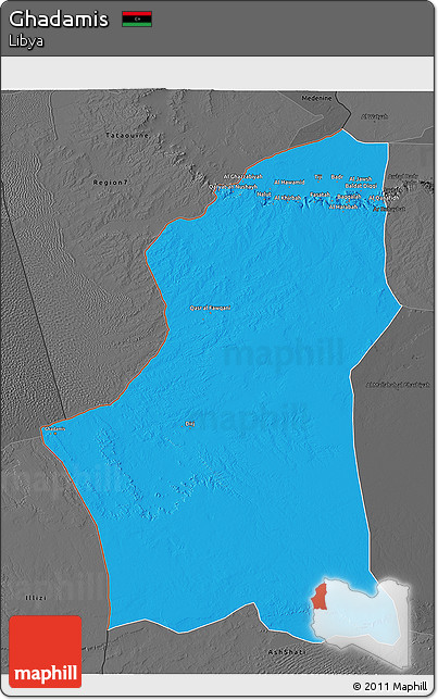 Political 3D Map of Ghadamis, darken, desaturated