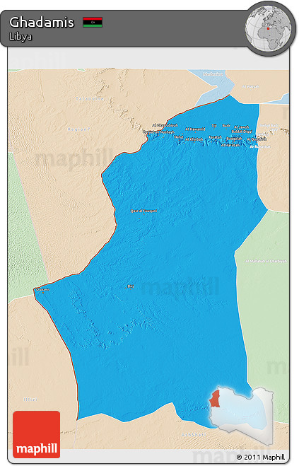 Political 3D Map of Ghadamis, lighten