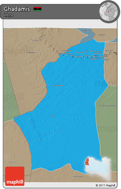Political 3D Map of Ghadamis, semi-desaturated