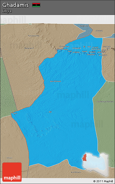 Political 3D Map of Ghadamis, semi-desaturated
