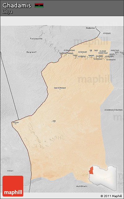 Satellite 3D Map of Ghadamis, desaturated