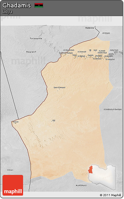 Satellite 3D Map of Ghadamis, desaturated