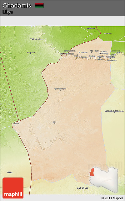 Satellite 3D Map of Ghadamis, physical outside
