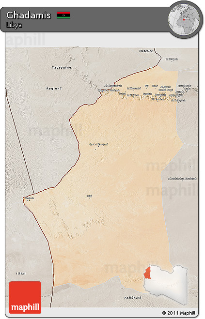Satellite 3D Map of Ghadamis, semi-desaturated