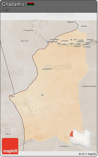 Satellite 3D Map of Ghadamis, semi-desaturated