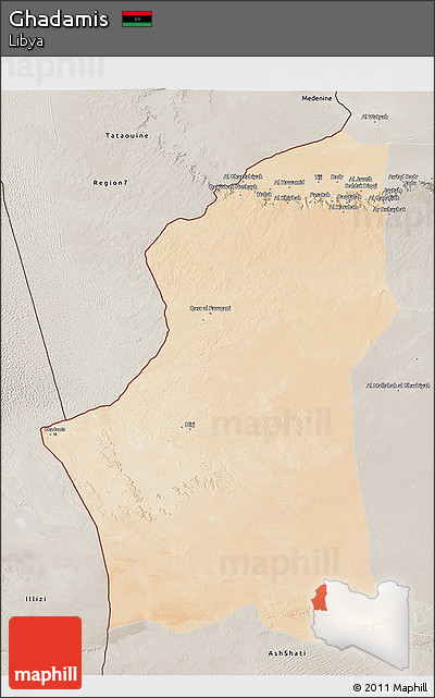 Satellite 3D Map of Ghadamis, semi-desaturated
