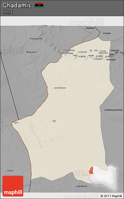 Shaded Relief 3D Map of Ghadamis, darken, desaturated