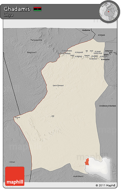 Shaded Relief 3D Map of Ghadamis, darken, desaturated