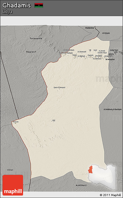 Shaded Relief 3D Map of Ghadamis, darken, semi-desaturated