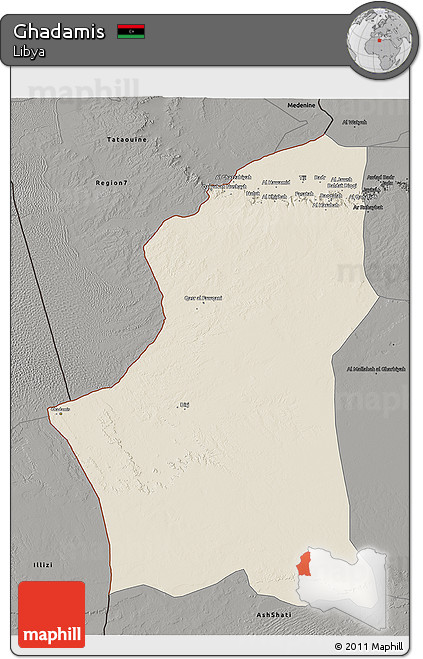 Shaded Relief 3D Map of Ghadamis, darken, semi-desaturated