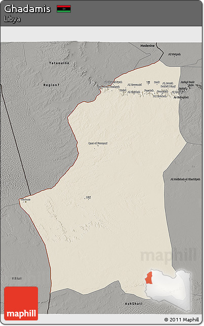 Shaded Relief 3D Map of Ghadamis, darken, semi-desaturated