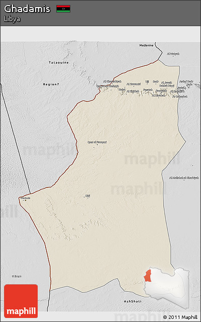Shaded Relief 3D Map of Ghadamis, desaturated