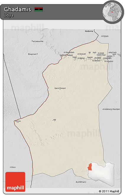 Shaded Relief 3D Map of Ghadamis, desaturated