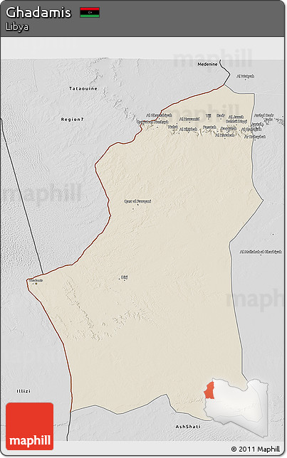 Shaded Relief 3D Map of Ghadamis, desaturated