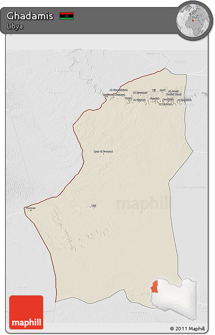 Shaded Relief 3D Map of Ghadamis, lighten, desaturated