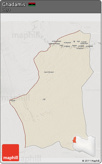 Shaded Relief 3D Map of Ghadamis, lighten, semi-desaturated