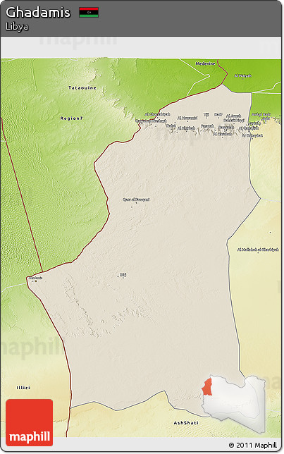 Shaded Relief 3D Map of Ghadamis, physical outside