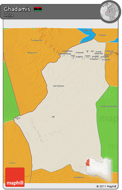 Shaded Relief 3D Map of Ghadamis, political outside