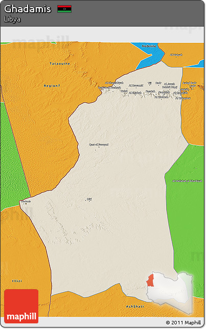Shaded Relief 3D Map of Ghadamis, political outside