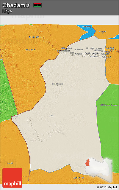 Shaded Relief 3D Map of Ghadamis, political outside
