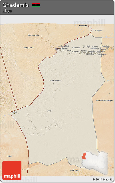 Shaded Relief 3D Map of Ghadamis, satellite outside