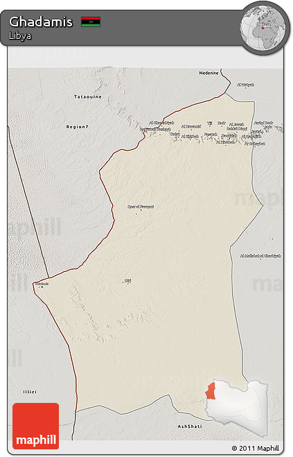 Shaded Relief 3D Map of Ghadamis, semi-desaturated