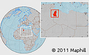 Gray Location Map of Ghadamis, within the entire country, hill shading