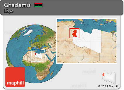 Satellite Location Map of Ghadamis, highlighted country, within the entire country
