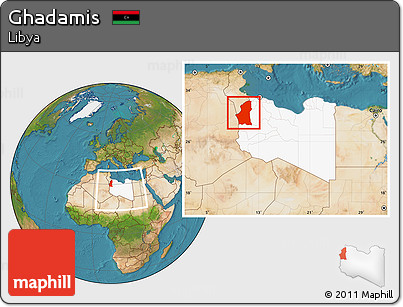 Satellite Location Map of Ghadamis, highlighted country, within the entire country